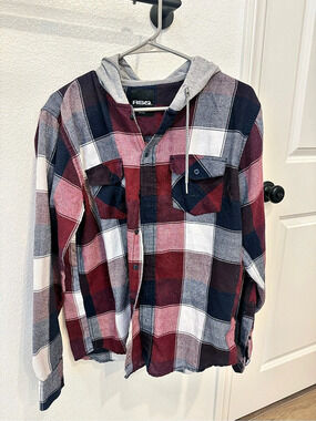 RSQ Hooded Flannel Button-Up Shirt Men's Plaid Medium